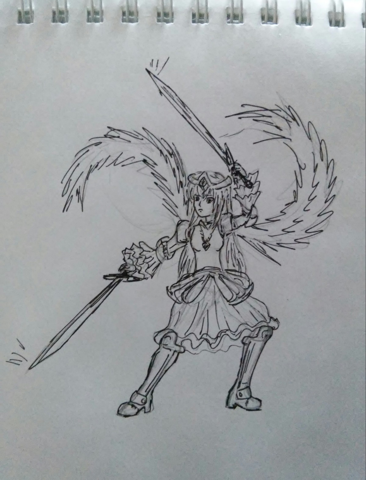 1girl armor dress full_body greyscale holding holding_sword image jewelry monochrome solo suigintou sword traditional_media weapon wings