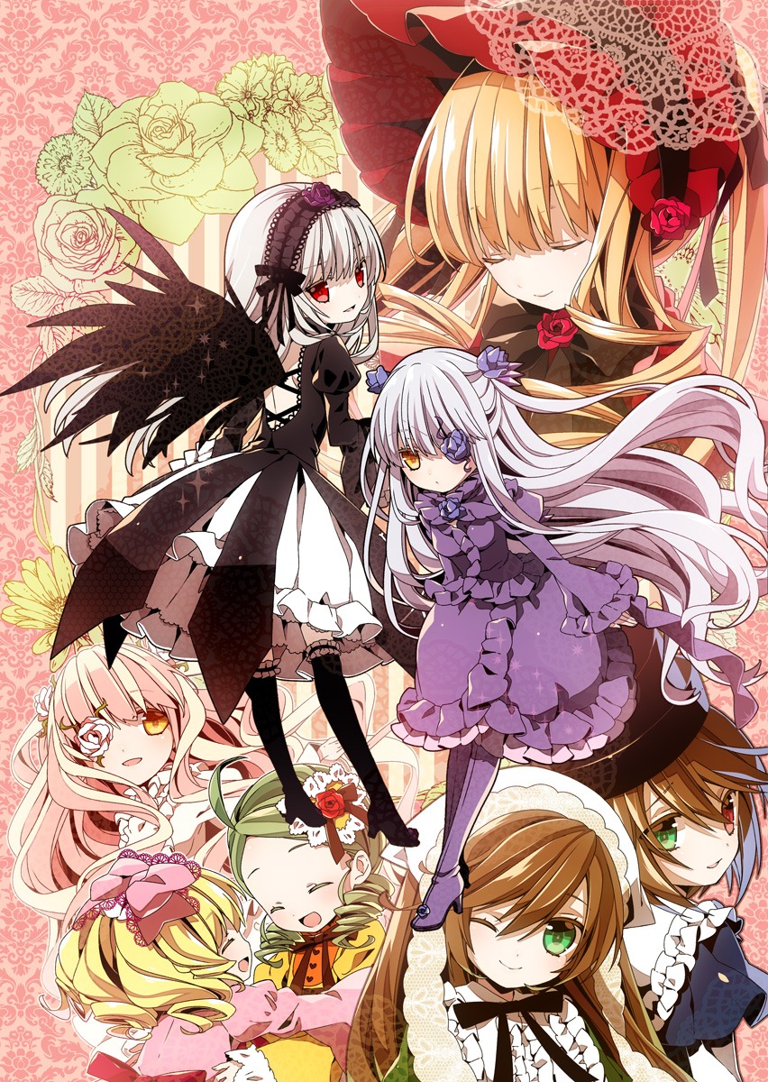 6+girls ^_^ auto_tagged black_wings blonde_hair bow brown_hair closed_eyes dress eyepatch flower frills green_eyes hina_ichigo image kanaria long_hair multiple multiple_girls one_eye_closed pink_bow rose shinku short_hair silver_hair smile souseiseki suigintou suiseiseki tagme wings