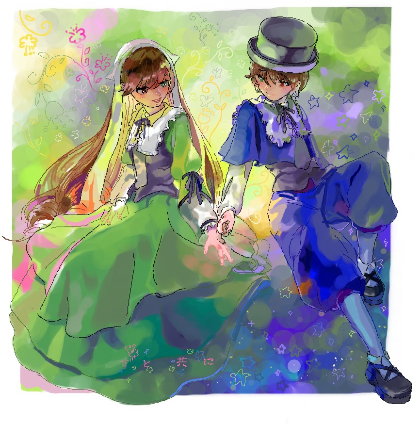 2girls blue_dress brown_hair capelet dress green_dress green_eyes hat heterochromia holding_hands image long_hair long_sleeves multiple_girls pair red_eyes short_hair siblings sisters souseiseki suiseiseki twins very_long_hair