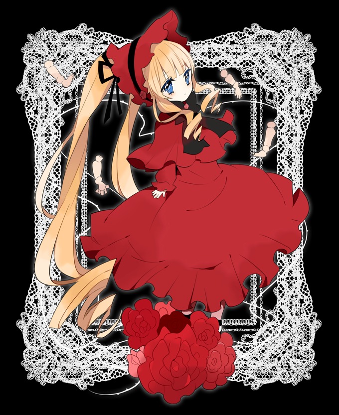 1girl amesawa_mokke bad_id bad_pixiv_id blonde_hair blue_eyes bonnet bow capelet dress drill_hair flower image long_hair long_sleeves looking_at_viewer red_capelet red_dress red_flower red_rose rose rozen_maiden shinku solo twintails very_long_hair