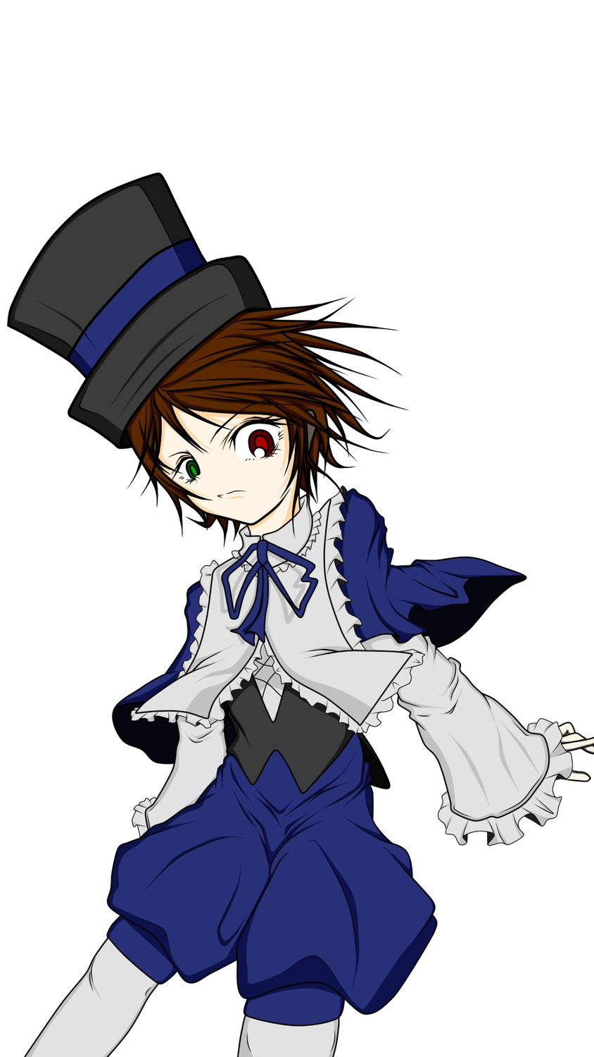 brown_hair capelet frills green_eyes hat heterochromia image long_sleeves looking_at_viewer mini_hat red_eyes ribbon shorts solo souseiseki top_hat white_background