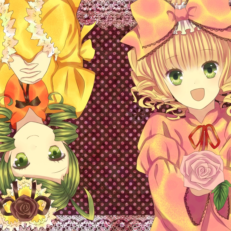 2girls black_rose blonde_hair blue_rose bouquet bow dress drill_hair flower green_eyes green_hair hair_ornament halftone halftone_background hina_ichigo hinaichigo image kanaria multiple_girls pair pink_flower pink_rose polka_dot polka_dot_background purple_rose red_rose ribbon rose short_hair smile twin_drills white_rose yellow_dress yellow_flower yellow_rose