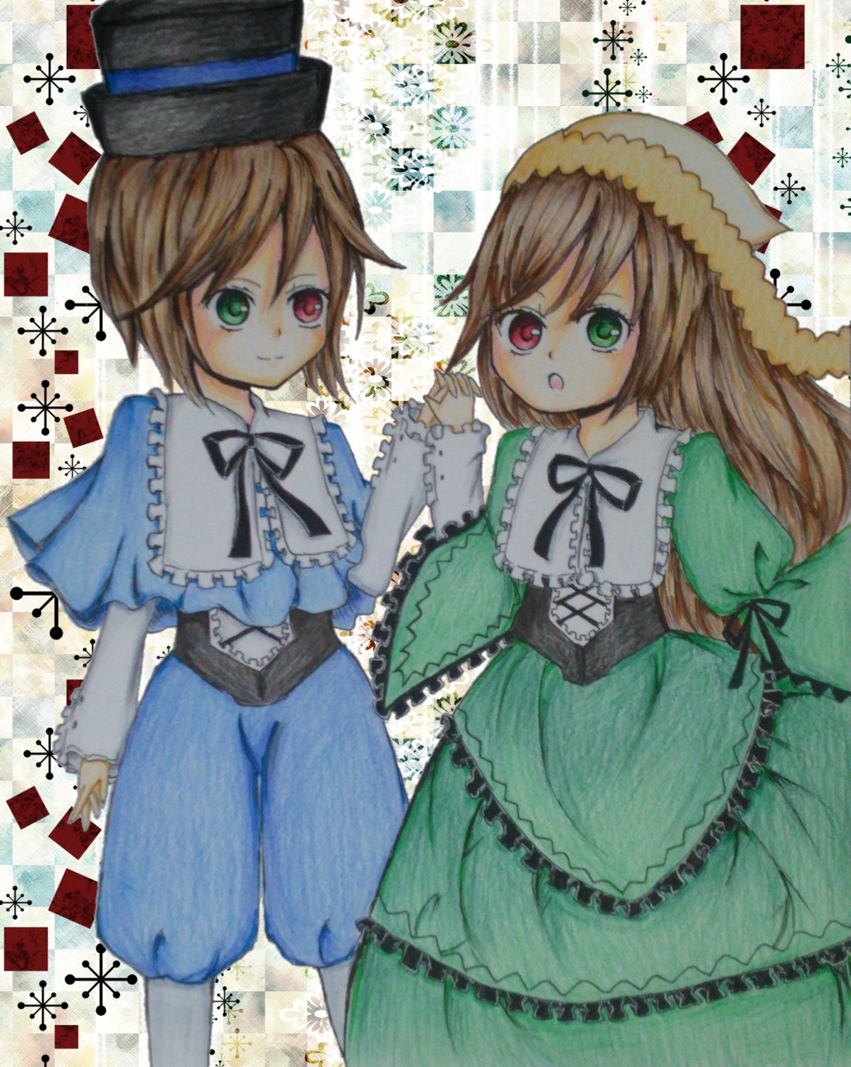 2girls blue_dress brown_hair dress frills green_dress green_eyes hat heterochromia holding_hands image long_hair long_sleeves looking_at_viewer multiple_girls open_mouth pair red_eyes short_hair siblings sisters smile souseiseki suiseiseki top_hat twins