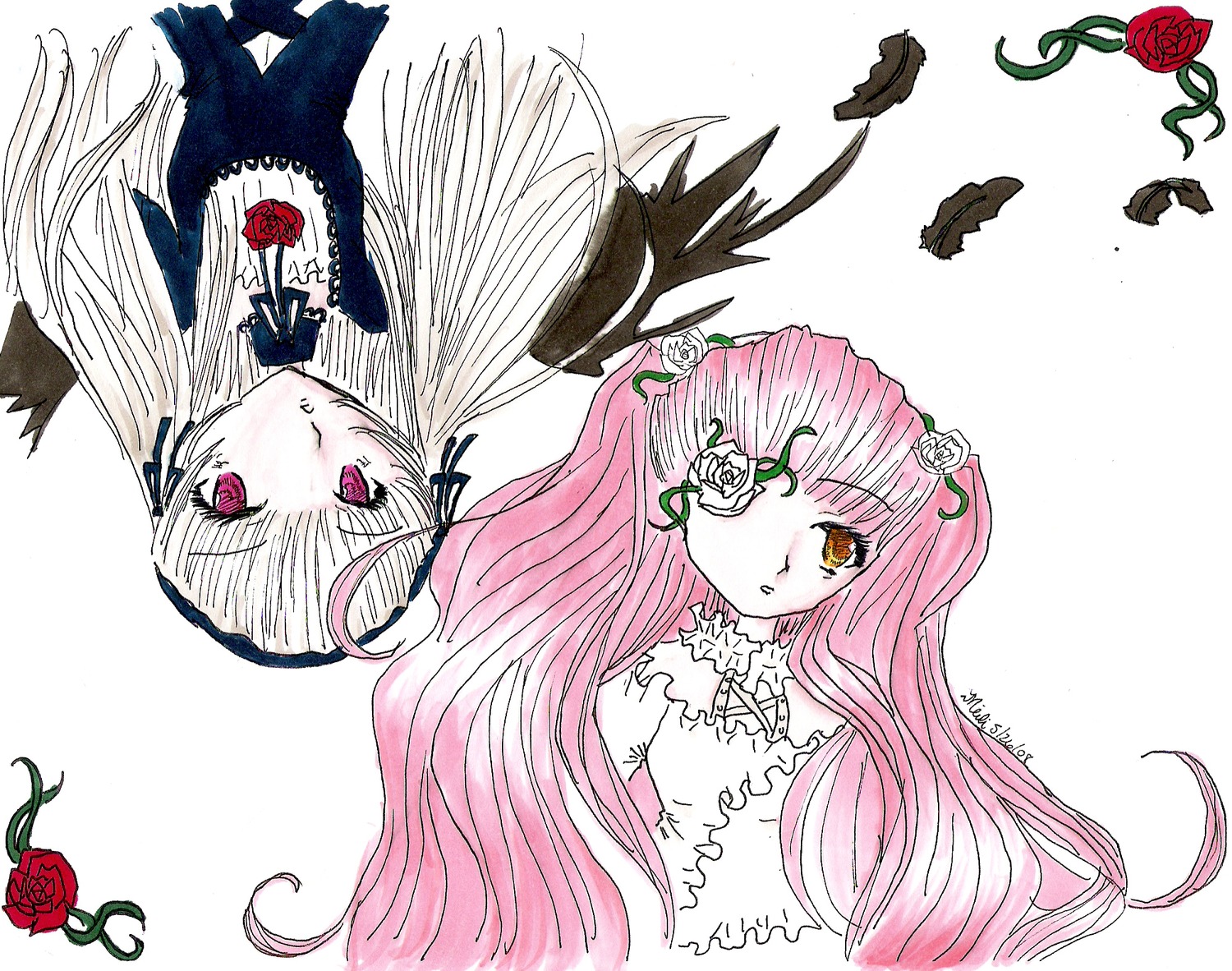 2girls black_wings dress feathers flower image kirakishou long_hair looking_at_viewer multiple_girls pair parted_lips pink_eyes pink_hair red_flower red_rose rose shinku simple_background suigintou thorns white_hair wings