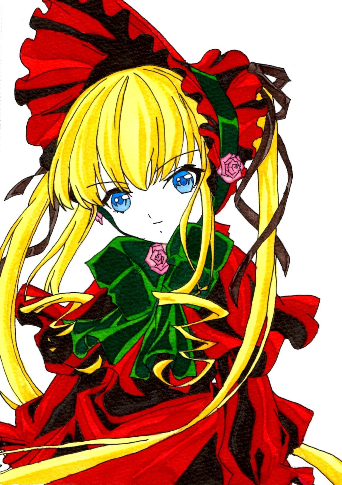 1girl blonde_hair blue_eyes bonnet bow bowtie cup dress flower green_bow image long_hair long_sleeves looking_at_viewer pink_flower pink_rose red_flower red_rose rose shinku sidelocks simple_background solo teacup twintails white_background