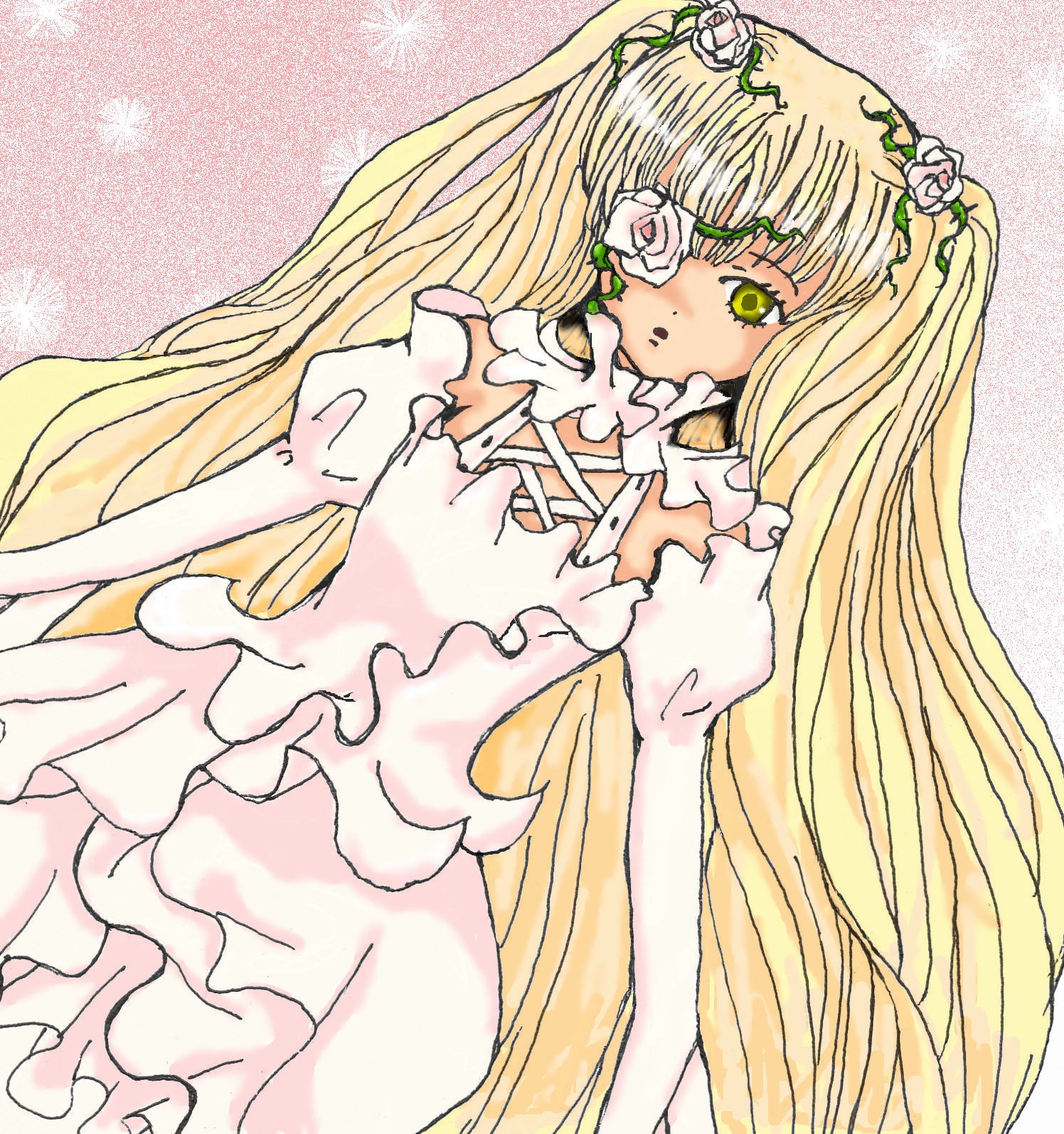 1girl bangs blonde_hair blunt_bangs dress eyepatch flower frills hair_flower image joints kirakishou long_hair puffy_sleeves rose solo two_side_up very_long_hair