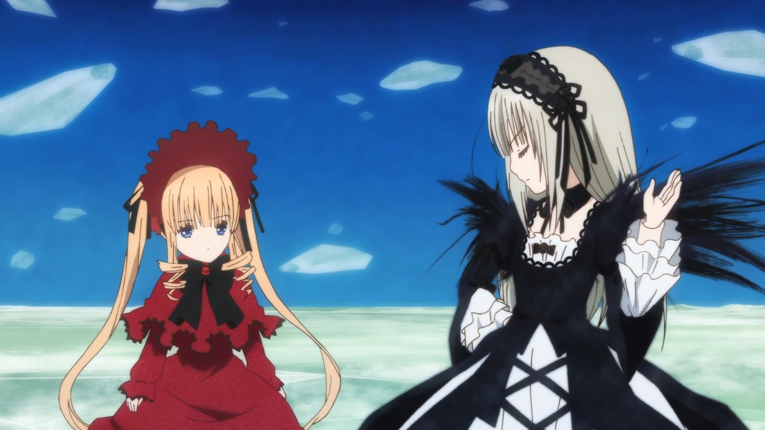 2girls black_dress black_wings blonde_hair blue_eyes bonnet bow closed_eyes day dress flower frills hairband image long_hair long_sleeves multiple_girls outdoors pair red_dress ribbon shinku silver_hair sky suigintou twintails very_long_hair wings