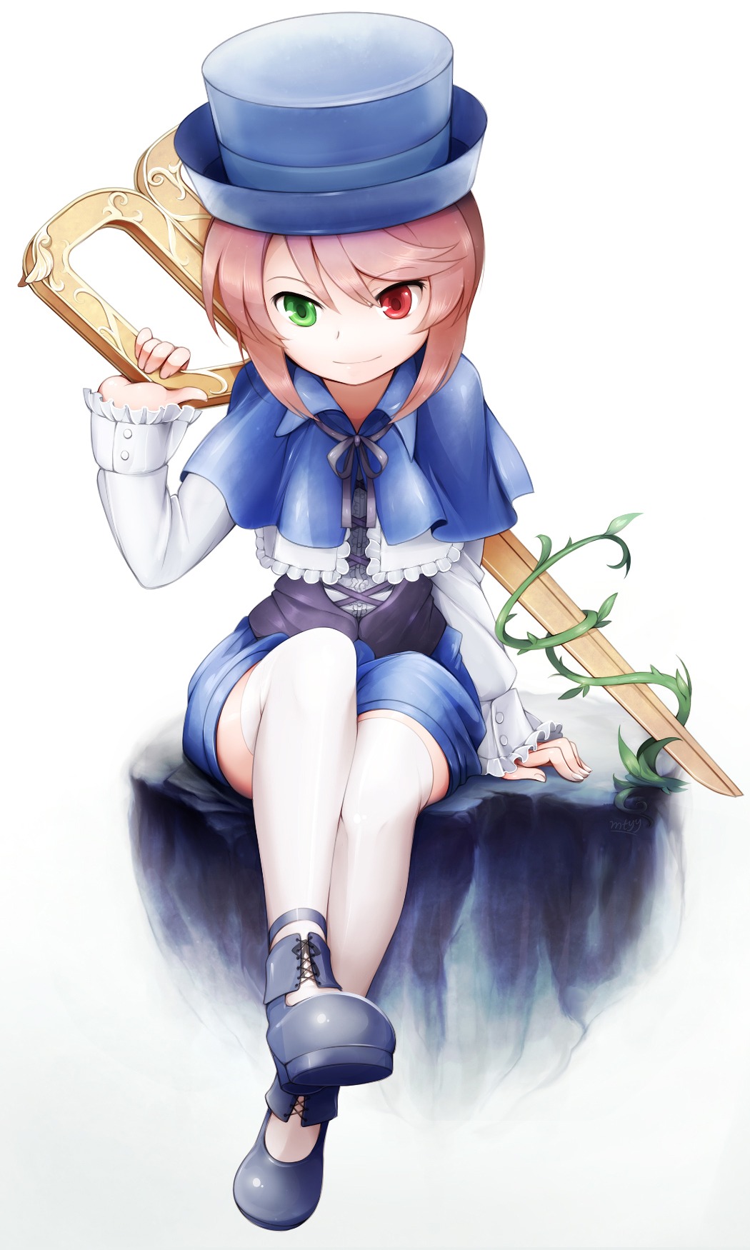 1girl alternate_legwear blue_shorts brown_hair commentary_request frills full_body gothic_lolita green_eyes hat heterochromia highres image lolita_fashion long_sleeves looking_at_viewer mtyy photoshop_(medium) plant red_eyes rozen_maiden scissors shoes short_hair shorts sitting smile solo souseiseki striped thighhighs top_hat vines white_background white_legwear