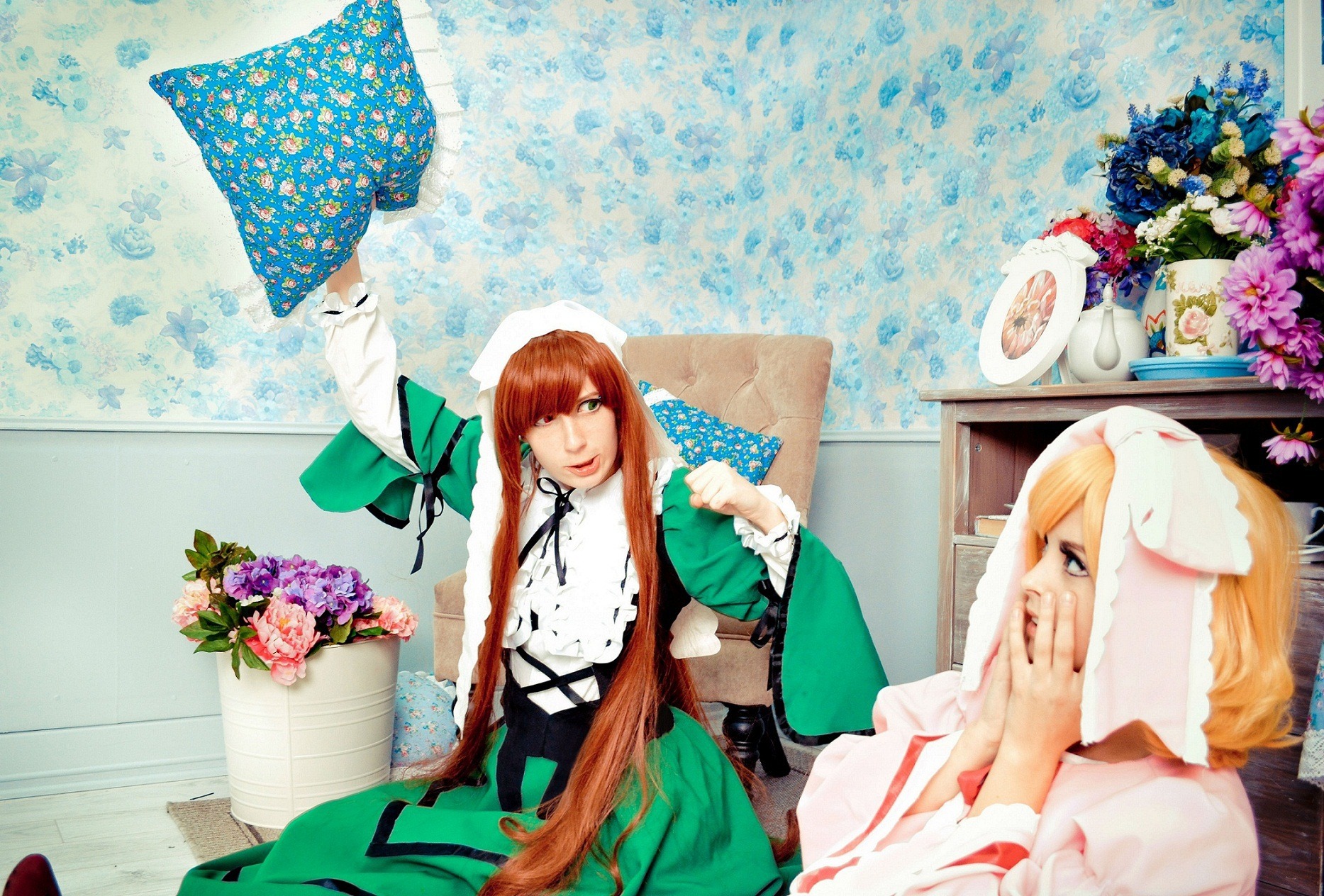 blonde_hair brown_hair dress flower green_dress long_hair multiple_cosplay ribbon suiseiseki tagme