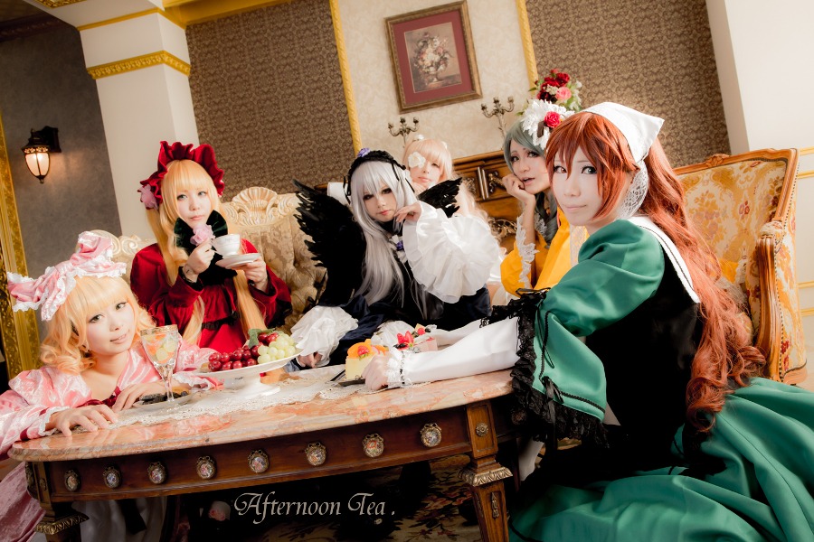 4girls blonde_hair blue_eyes closed_eyes dress flower food hat long_hair multiple_cosplay multiple_girls silver_hair suigintou suiseiseki tagme