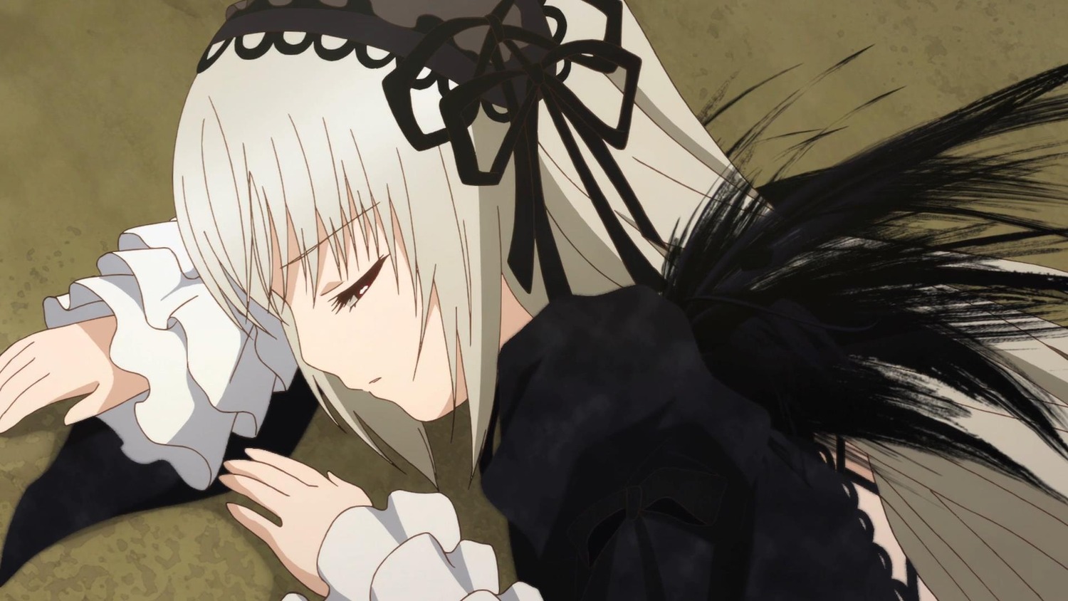 1girl black_dress black_ribbon black_wings dress frilled_sleeves frills hairband half-closed_eyes image long_hair long_sleeves profile ribbon silver_hair solo suigintou upper_body wings