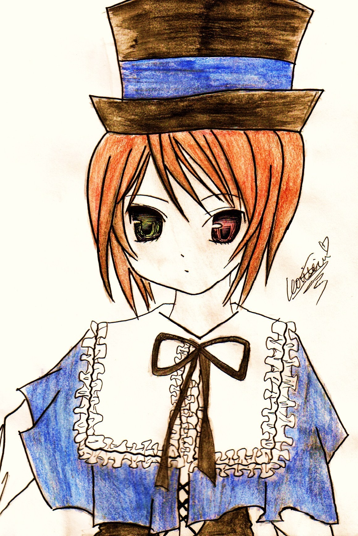 1girl blue_dress blush frills green_eyes hat image looking_at_viewer ribbon short_hair signature simple_background solo souseiseki upper_body white_background