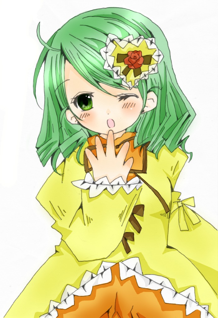 1girl ;o ahoge blush dress flower frills green_eyes green_hair image kanaria long_sleeves one_eye_closed rose solo white_background yellow_dress