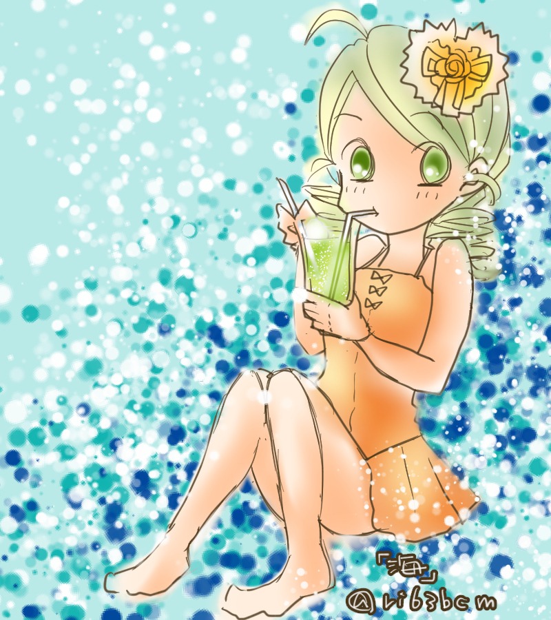 1girl ahoge barefoot blonde_hair cup drill_hair drink drinking drinking_straw flower full_body green_eyes hair_flower hair_ornament image kanaria orange_shirt polka_dot polka_dot_background solo swimsuit twin_drills