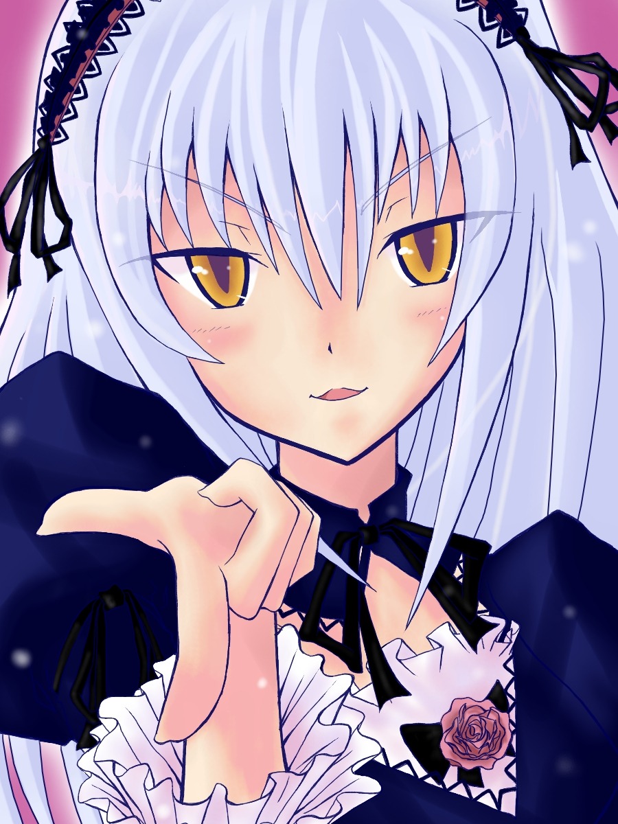 1girl black_ribbon blush detached_collar dress flower frills hairband image index_finger_raised lolita_fashion long_hair long_sleeves looking_at_viewer neck_ribbon pointing ribbon rose silver_hair smile solo suigintou upper_body yellow_eyes