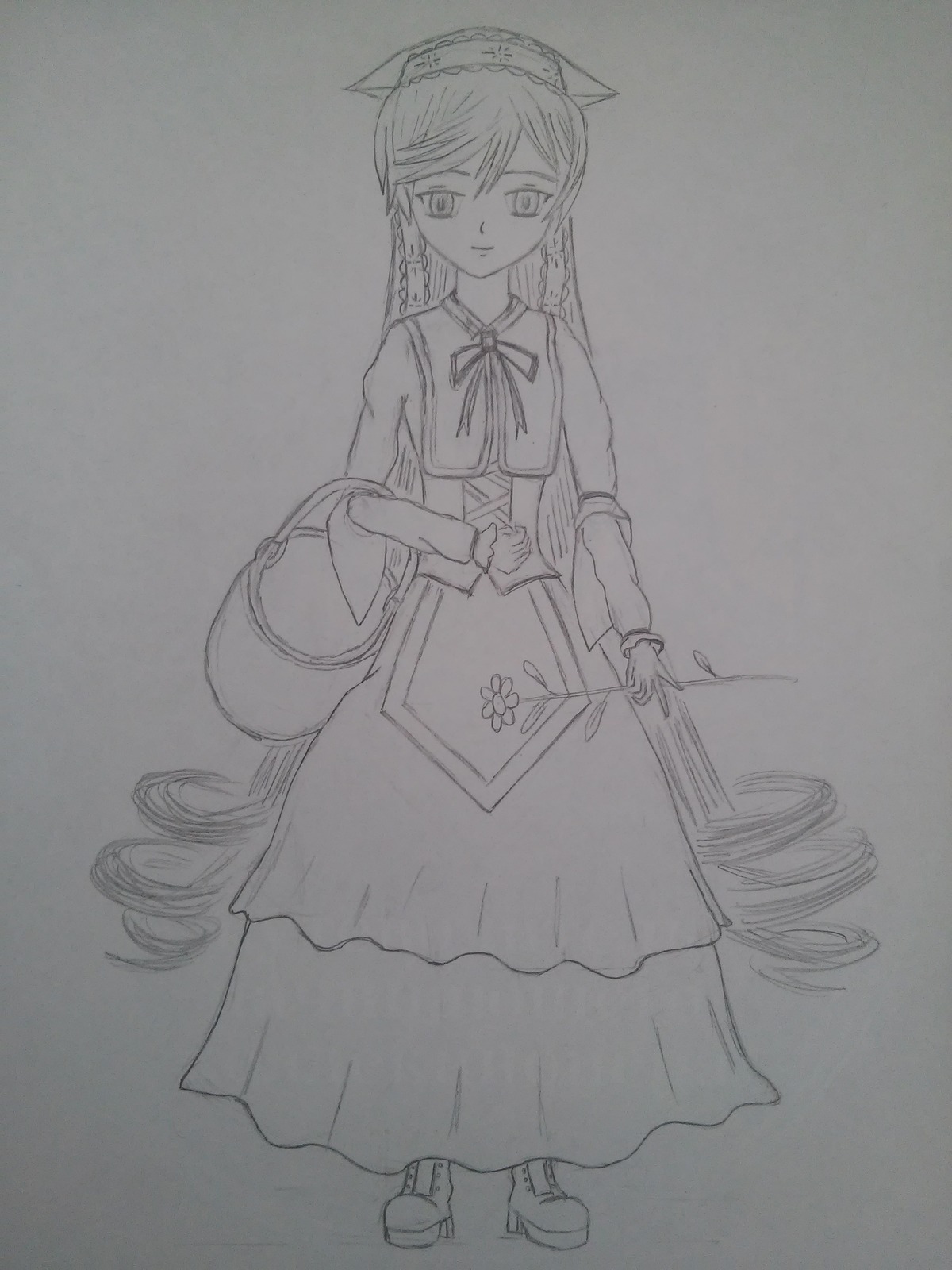 1girl animal_ears apron dress drill_hair full_body greyscale image long_hair long_sleeves monochrome solo standing suiseiseki traditional_media very_long_hair