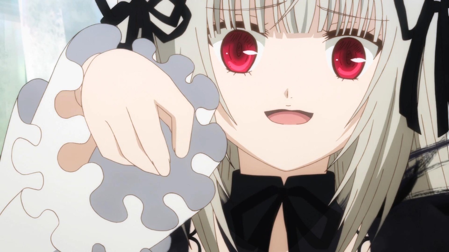 1girl :d bangs black_ribbon detached_collar eyebrows_visible_through_hair frills image long_hair looking_at_viewer open_mouth red_eyes ribbon silver_hair smile solo suigintou