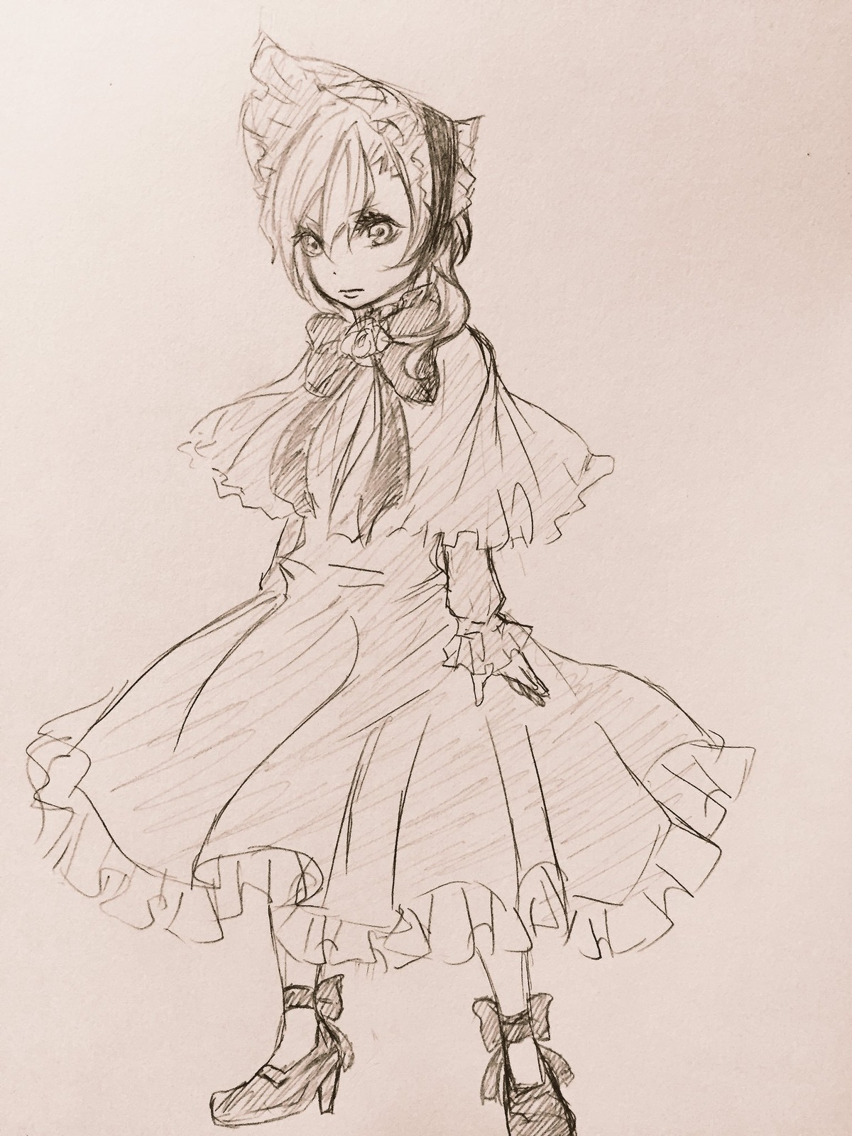1girl animal_ears bangs capelet dress eyebrows_visible_through_hair full_body greyscale hair_between_eyes image long_hair long_sleeves looking_at_viewer monochrome shinku sketch solo standing