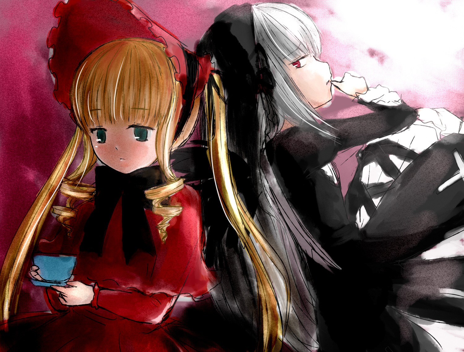 2girls blonde_hair blush bonnet bow cup dress drill_hair image long_hair long_sleeves multiple_girls pair red_eyes shinku silver_hair suigintou teacup twin_drills twintails
