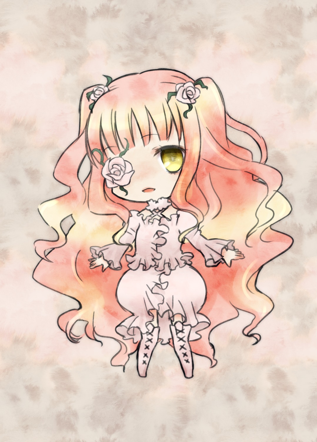 1girl boots cross-laced_footwear dress eyepatch flower frills full_body hair_flower hair_ornament image kirakishou long_hair pink_hair rose solo thorns two_side_up very_long_hair vines white_flower white_rose yellow_eyes