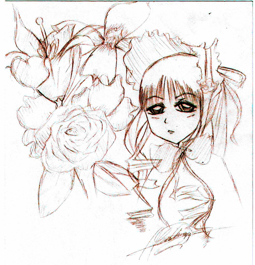 2girls image looking_at_viewer monochrome multiple_girls shinku simple_background sketch solo
