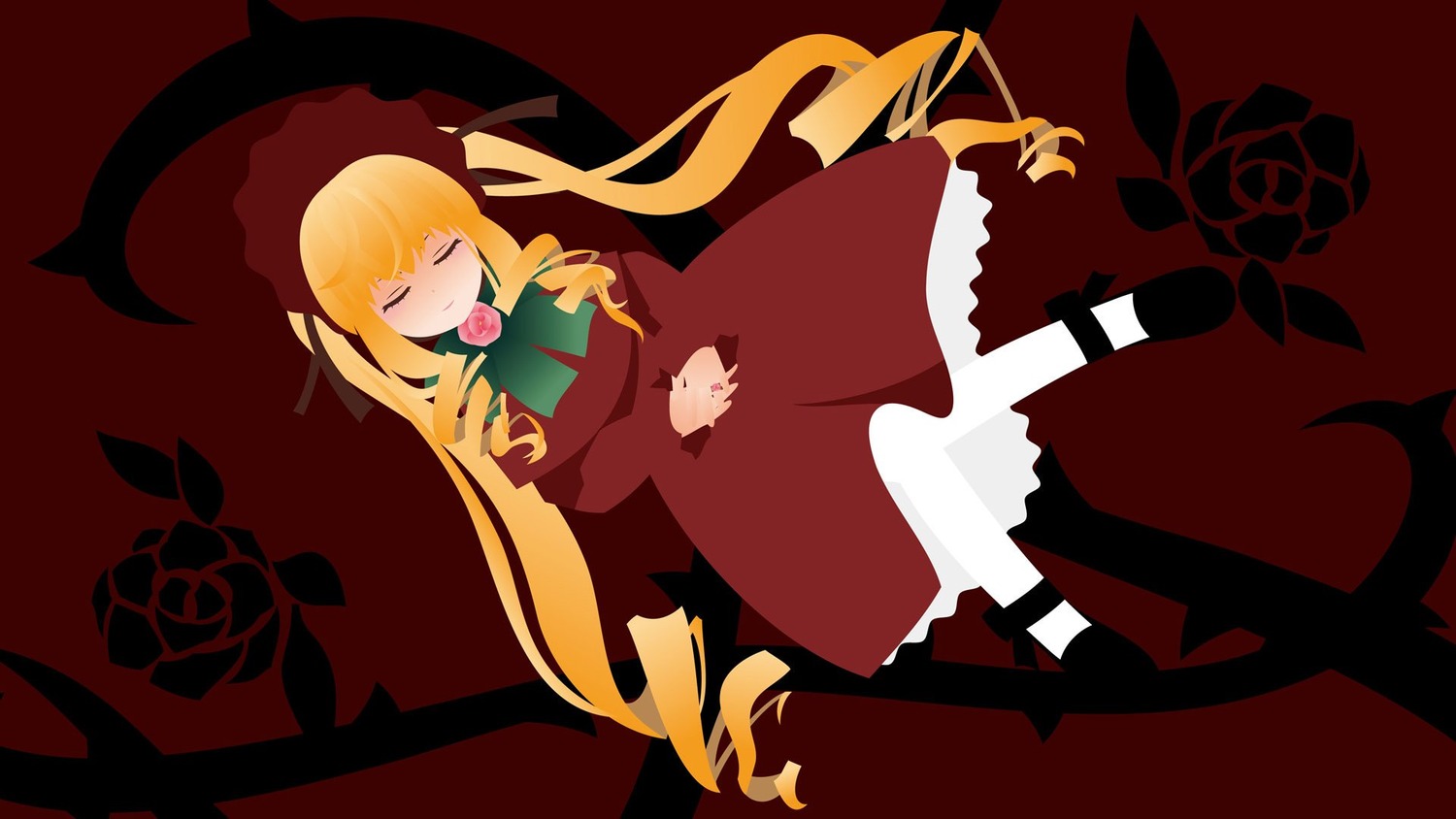 1girl blonde_hair blue_rose closed_eyes dress flower image long_hair pink_rose red_flower red_rose rose shinku solo thorns twintails very_long_hair vines