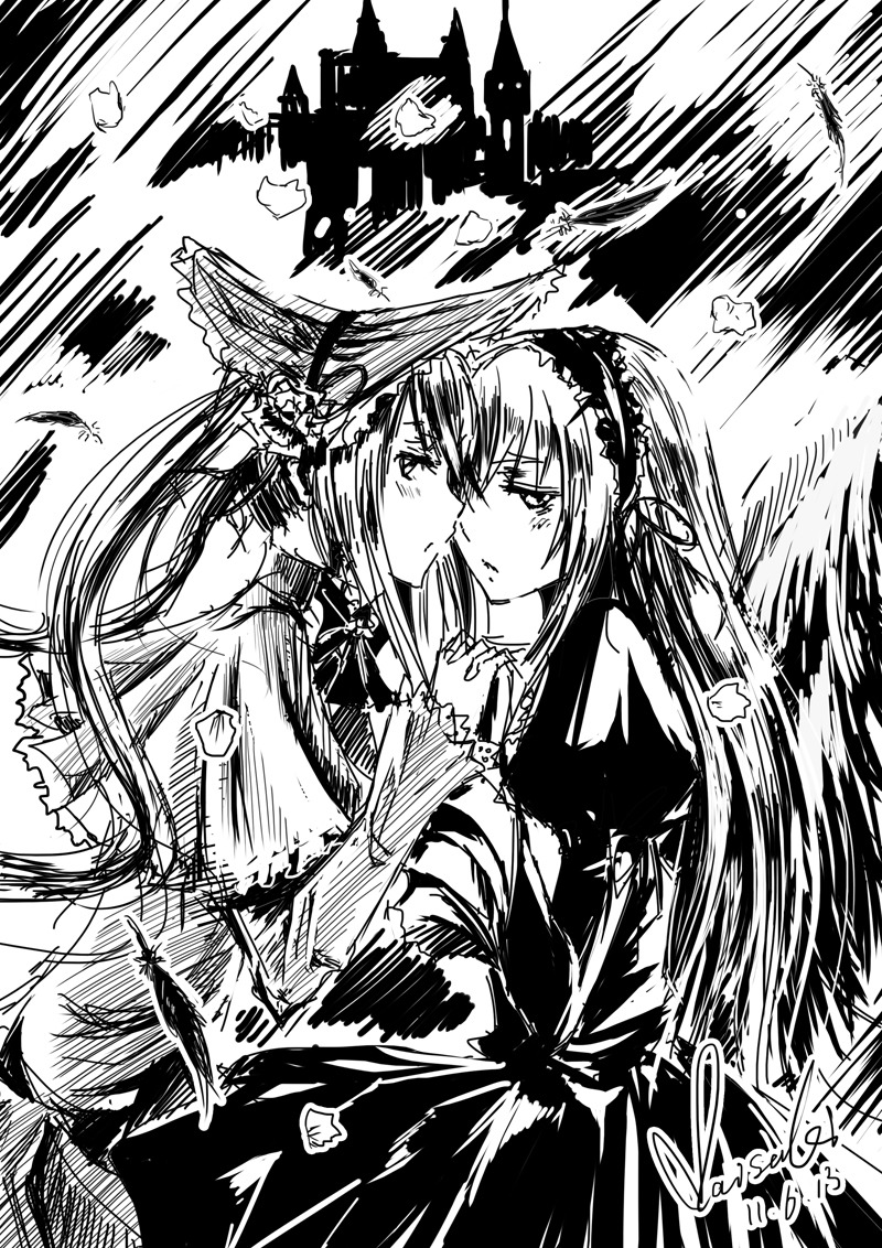 2girls akemi_homura akuma_homura blush dress feathers greyscale hairband holding_hands image long_hair looking_at_another monochrome multiple_girls pair shinku suigintou yuri