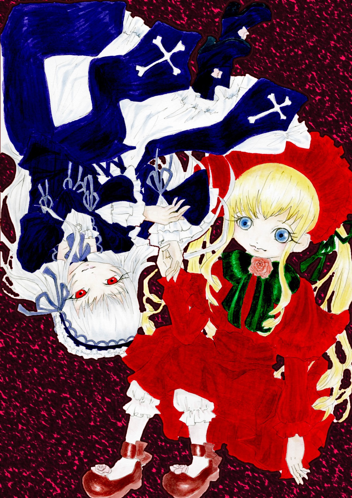 2girls blonde_hair blue_eyes bow dress drill_hair flower frills image long_hair long_sleeves looking_at_viewer multiple_girls pair red_eyes rose shinku suigintou wings