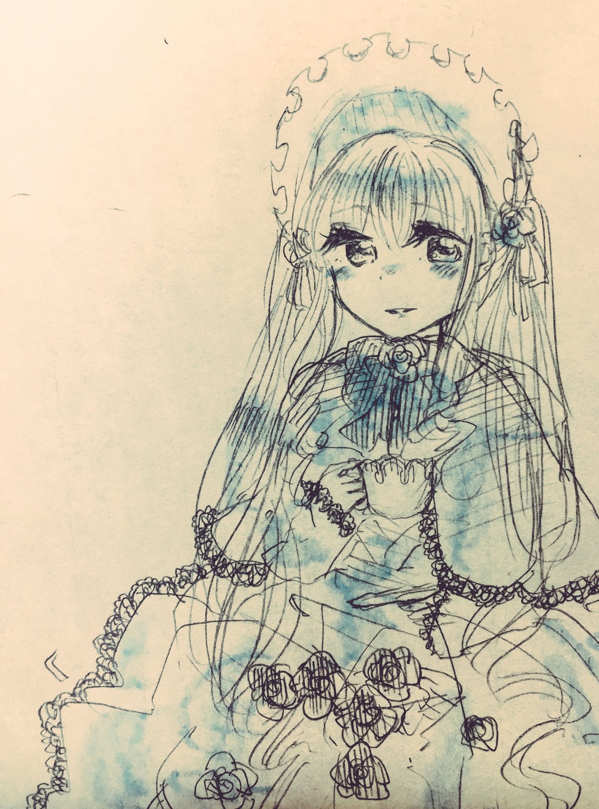 1girl blush bonnet dress eyebrows_visible_through_hair flower frills hair_ornament image long_hair long_sleeves looking_at_viewer monochrome shinku simple_background smile solo traditional_media