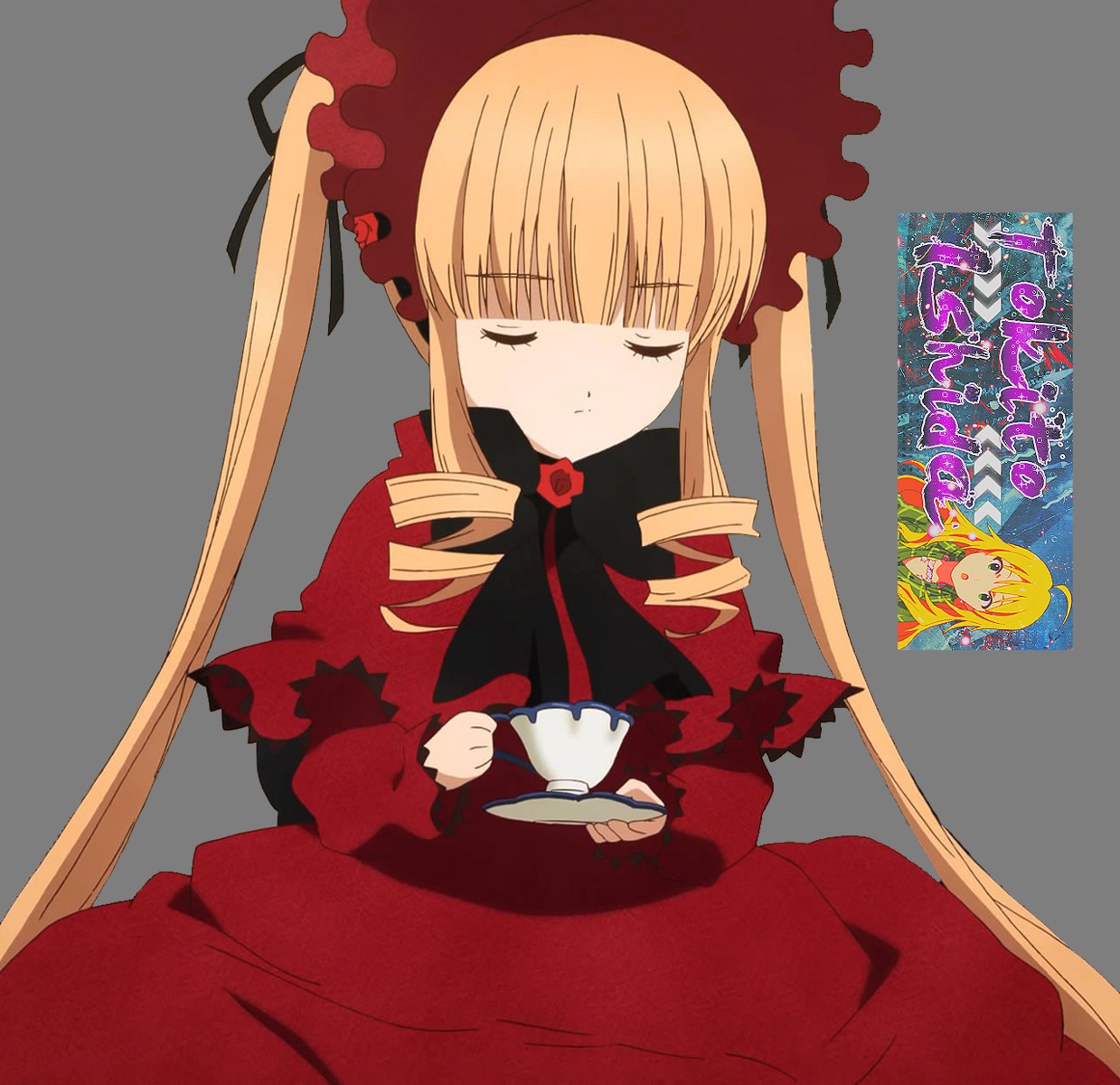 2girls blonde_hair bonnet bow closed_eyes cup dress drill_hair image long_hair multiple_girls saucer shinku solo table tea teacup twintails