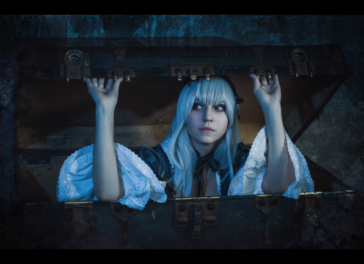 1girl gun handgun letterboxed lips long_hair nail_polish pistol red_eyes rifle solo suigintou weapon