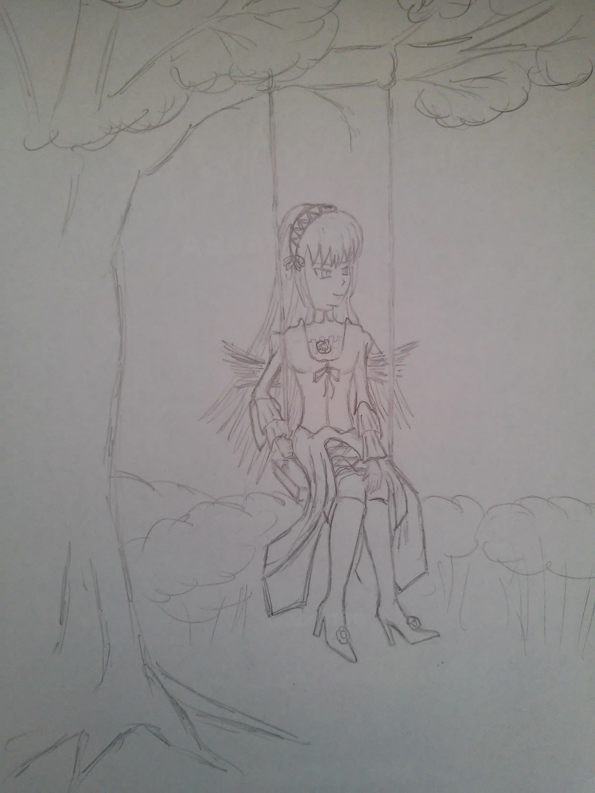 1girl greyscale hairband image lolita_hairband long_hair looking_at_viewer monochrome sitting sketch solo suigintou thighhighs traditional_media
