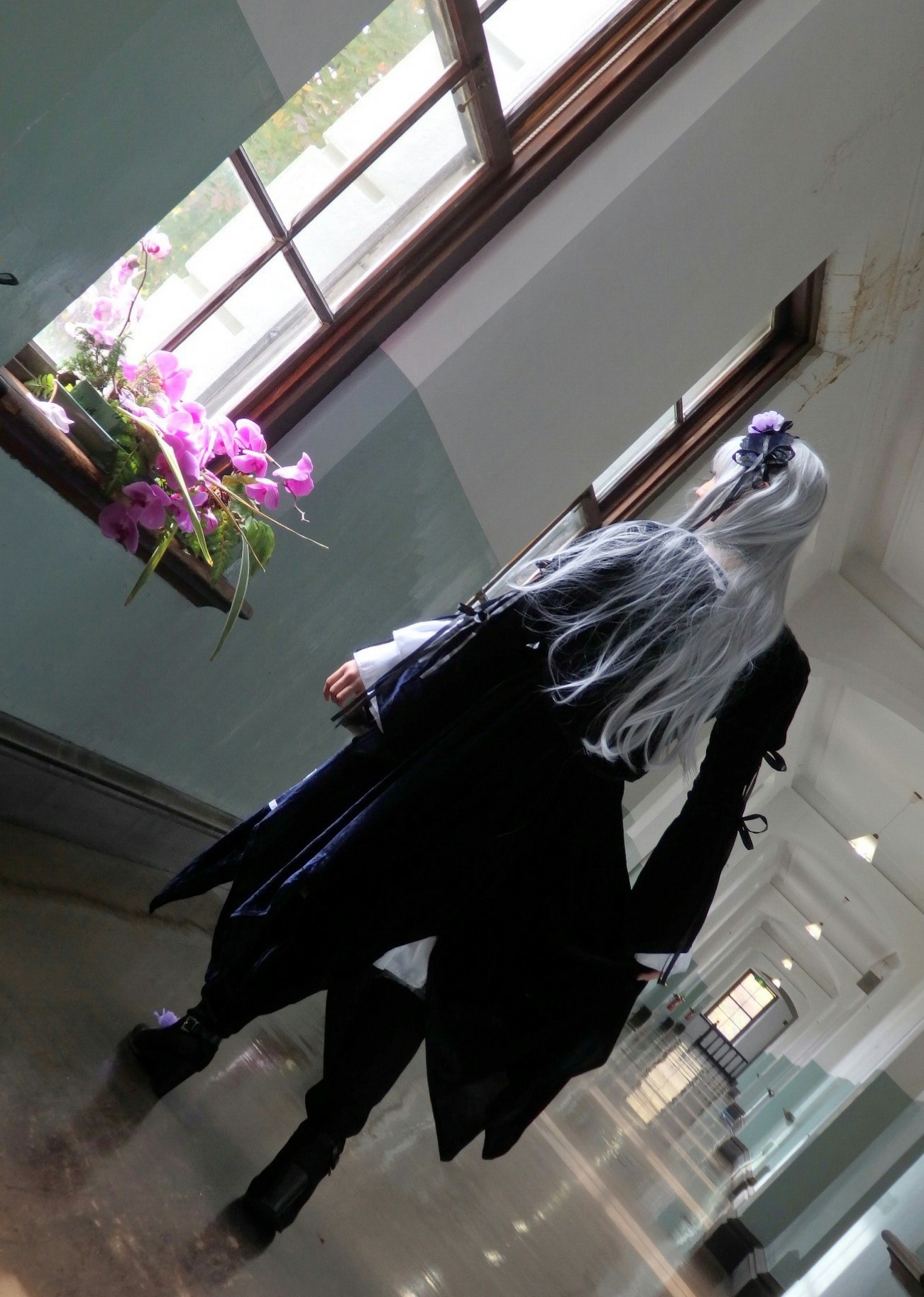 1boy boots flower indoors long_hair solo standing suigintou window