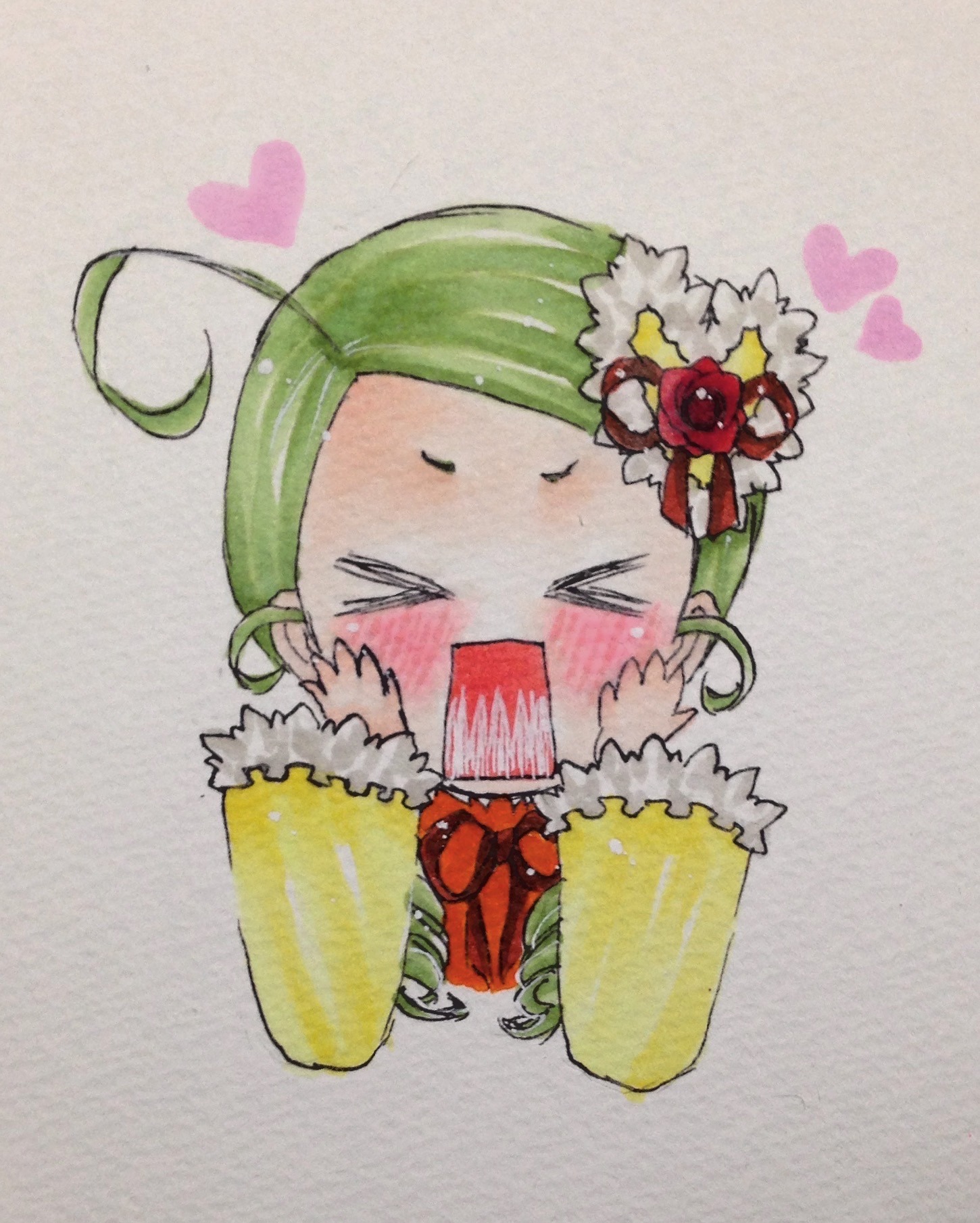 1girl >_< ahoge blush chibi closed_eyes earrings flower green_hair hair_ornament heart image jewelry kanaria long_sleeves solo