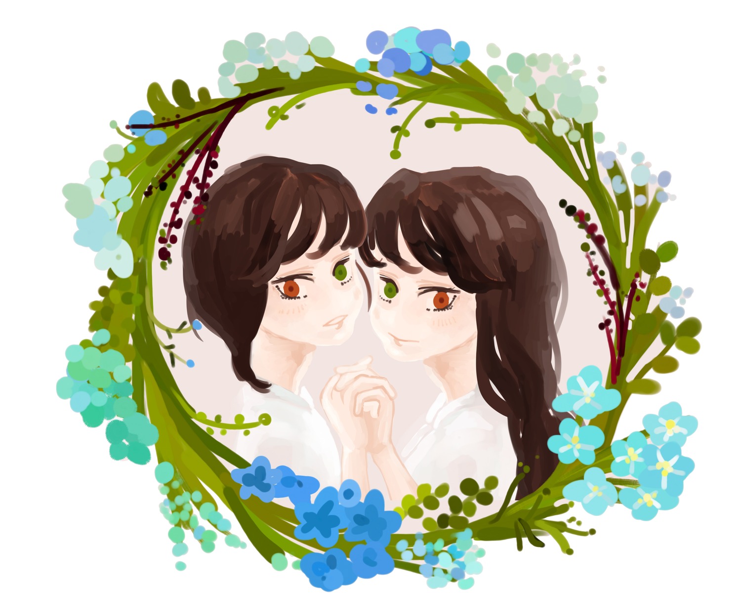 2girls bangs brown_hair flower heterochromia holding_hands image interlocked_fingers leaf long_hair looking_at_viewer multiple_girls pair plant red_eyes siblings smile souseiseki suiseiseki twins upper_body vertical_stripes yuri