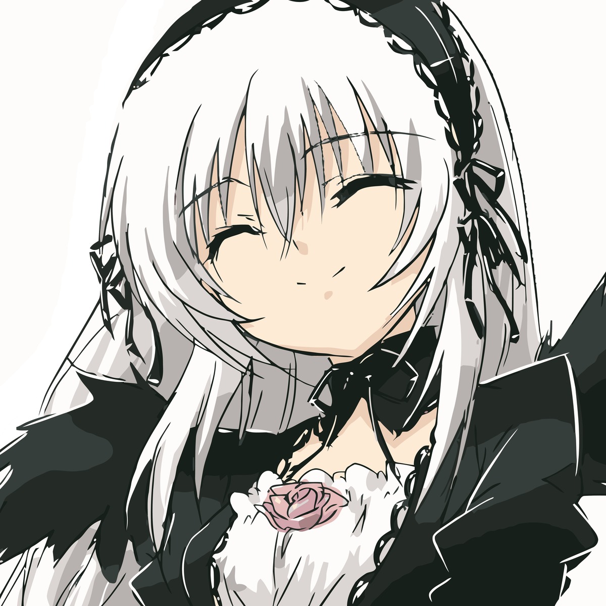 1girl bangs black_dress black_ribbon closed_eyes closed_mouth dress eyebrows_visible_through_hair facing_viewer flower gothic_lolita hair_between_eyes hairband image lolita_fashion long_hair long_sleeves ribbon rose silver_hair simple_background solo suigintou upper_body white_background