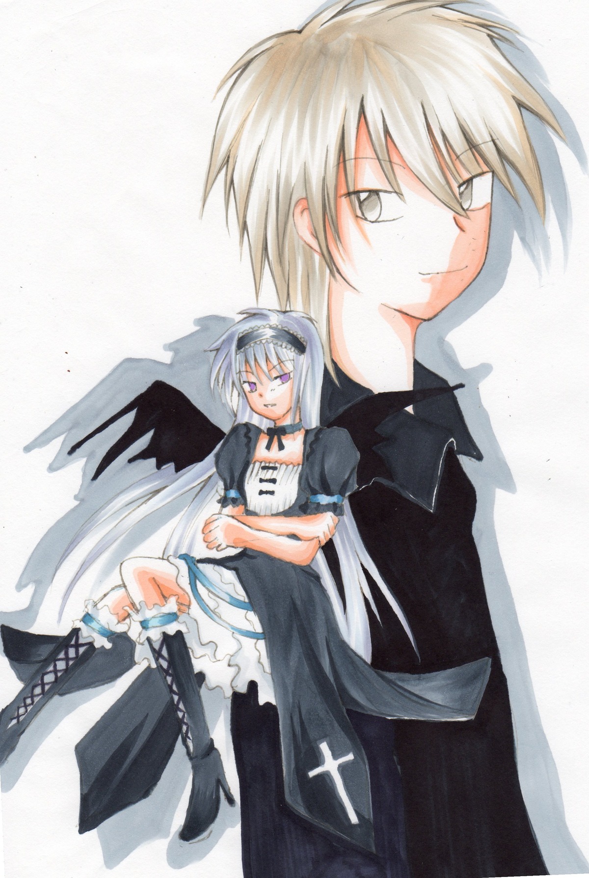 1boy 1girl back-to-back black_dress black_footwear boots cross-laced_footwear crossed_arms dress frills gothic_lolita hairband image knee_boots lolita_fashion long_hair long_sleeves looking_at_viewer puffy_short_sleeves puffy_sleeves short_sleeves silver_hair sitting smile solo suigintou wings