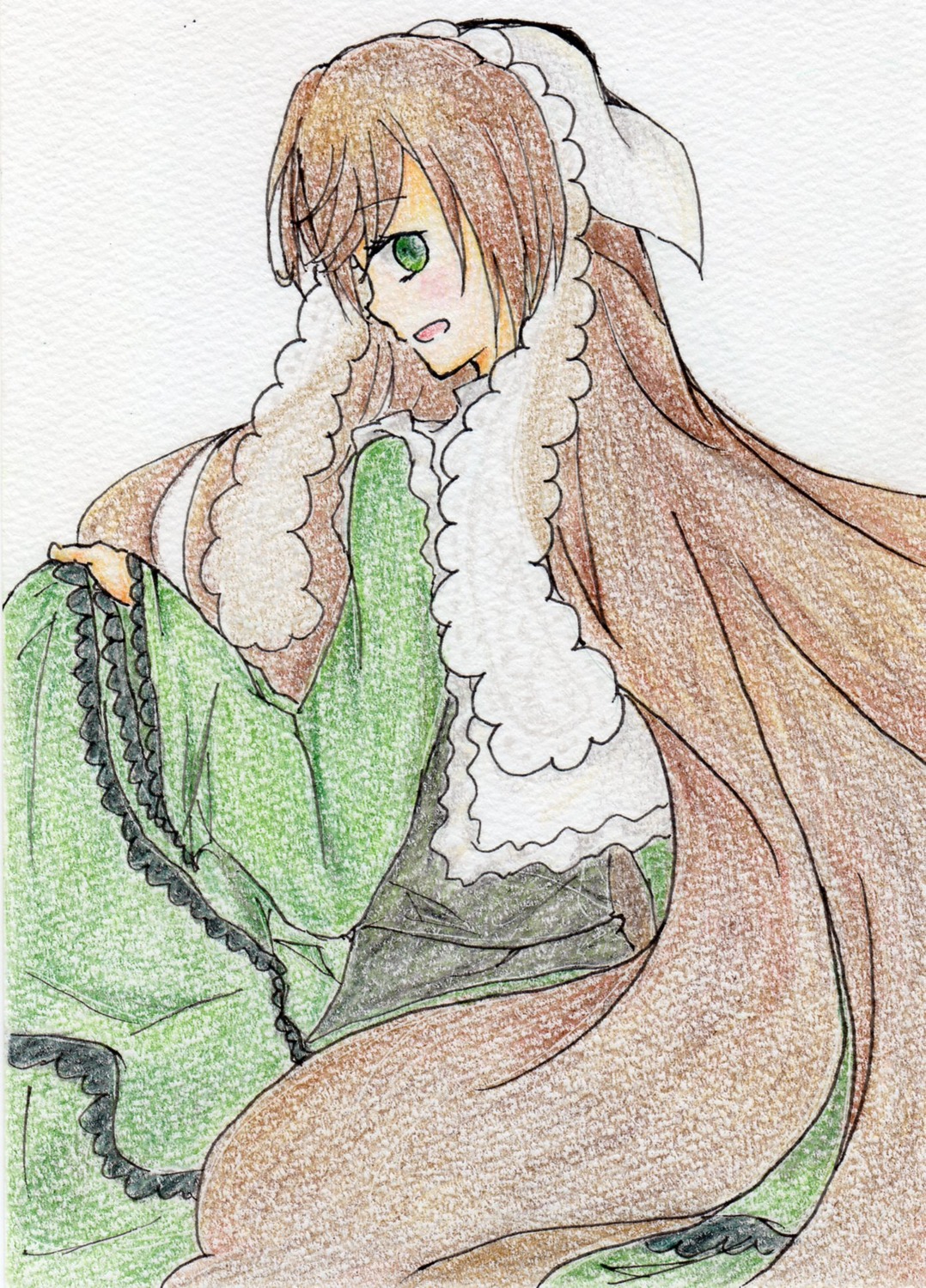 1girl brown_hair green_dress green_eyes image long_hair long_sleeves open_mouth smile solo suiseiseki very_long_hair