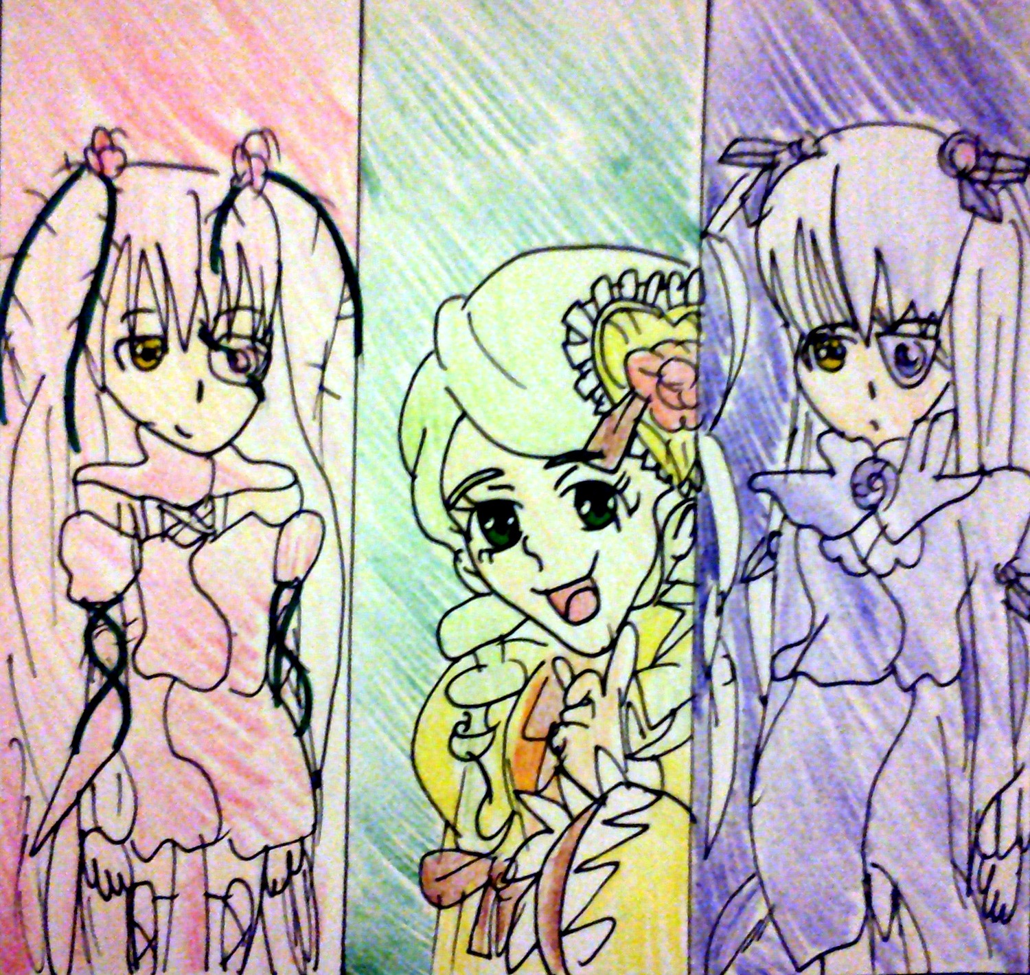 3girls dress flower frills image long_hair long_sleeves looking_at_viewer multiple multiple_girls shinku suigintou tagme tongue tongue_out twintails upper_body very_long_hair