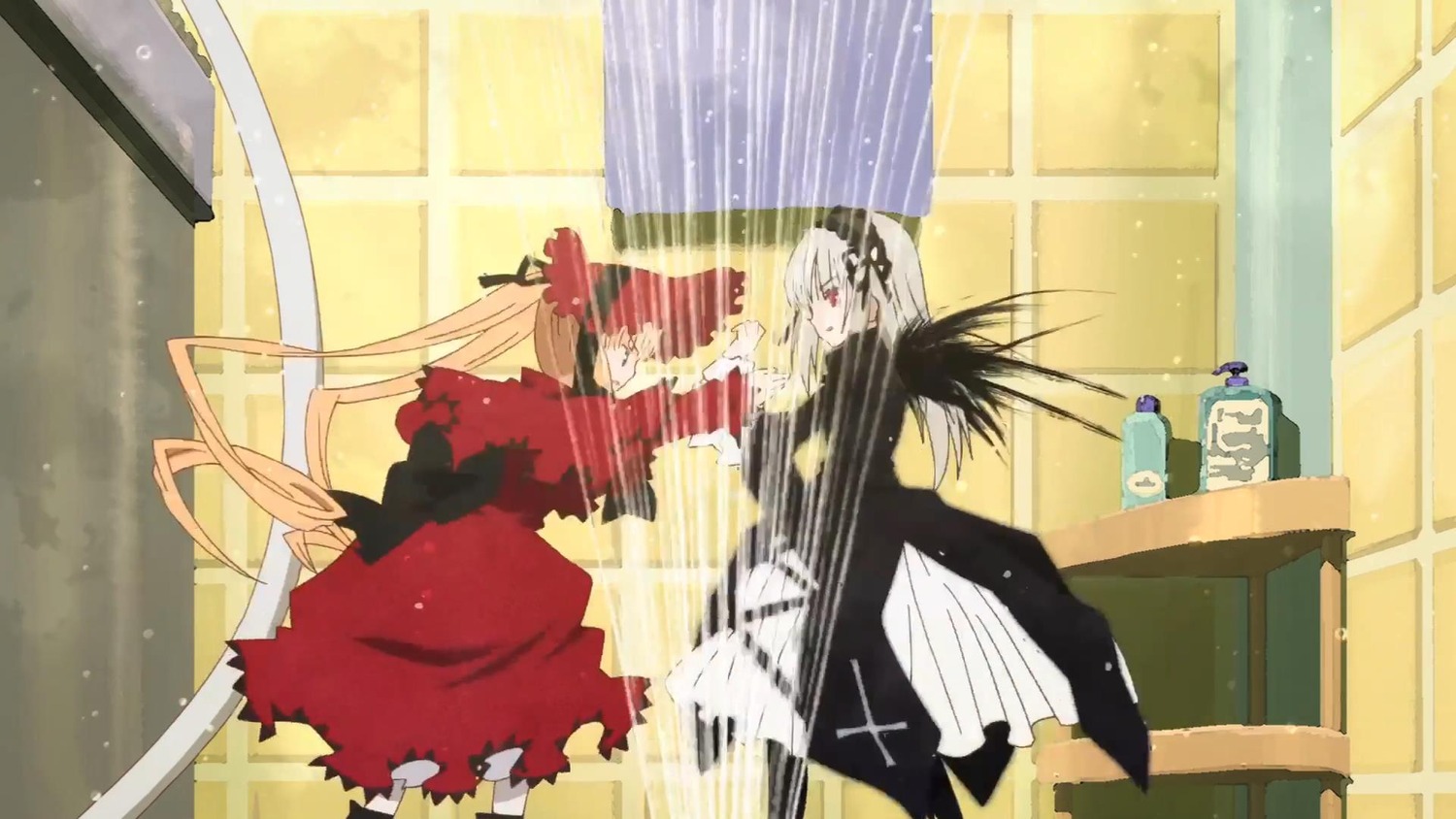 1girl curtains dress image indoors long_hair long_sleeves multiple_girls pair red_eyes shinku standing suigintou torn_clothes very_long_hair weapon white_hair window wings