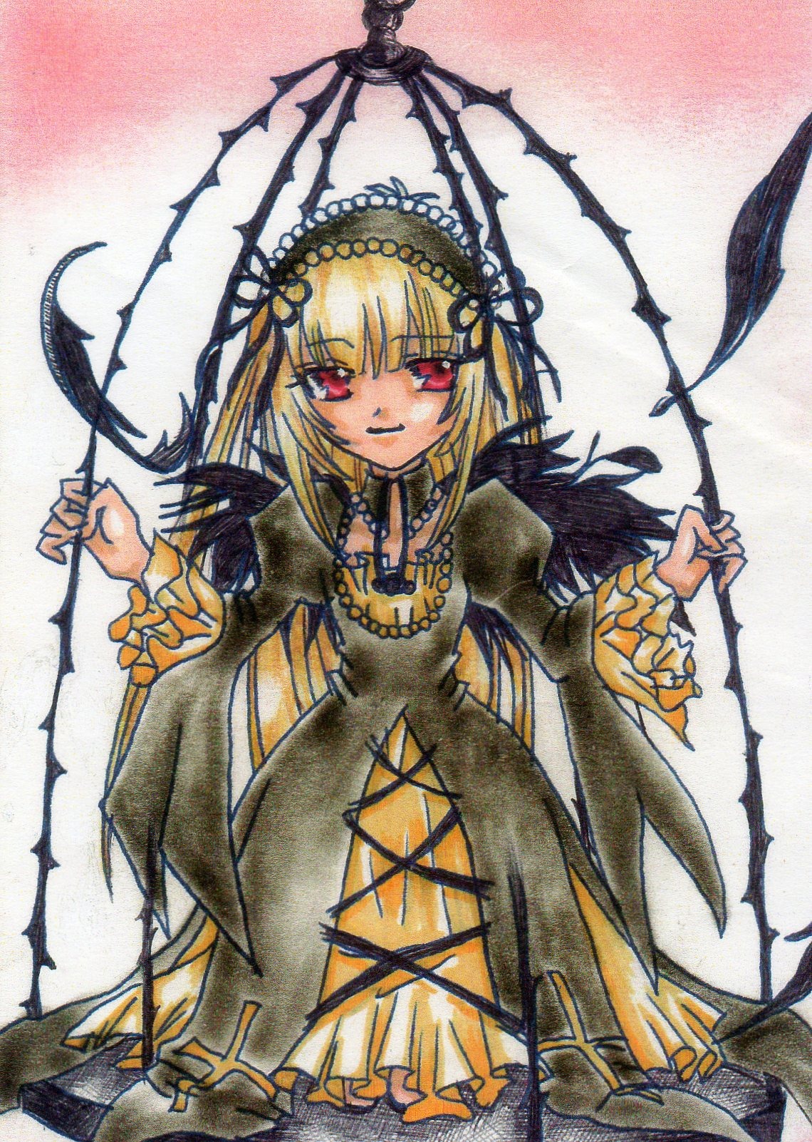 1girl blonde_hair dress flandre_scarlet frills gothic_lolita image lolita_fashion lolita_hairband long_hair long_sleeves looking_at_viewer marker_(medium) red_eyes ribbon smile solo suigintou traditional_media wings