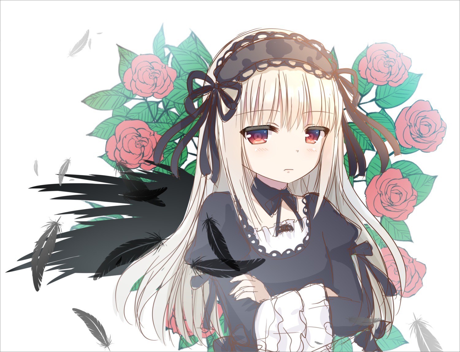 1girl black_ribbon blush closed_mouth dress feathers flower gothic_lolita hairband image lolita_fashion long_hair long_sleeves looking_at_viewer pink_flower pink_rose red_eyes red_flower red_rose ribbon rose silver_hair solo suigintou thorns upper_body wings