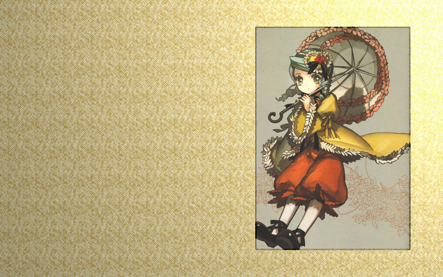 1girl black_hair bonnet braid dress flower frills full_body hair_ornament holding_umbrella image kanaria long_hair long_sleeves looking_at_viewer parasol red_dress rose solo standing twin_braids twintails umbrella wide_sleeves