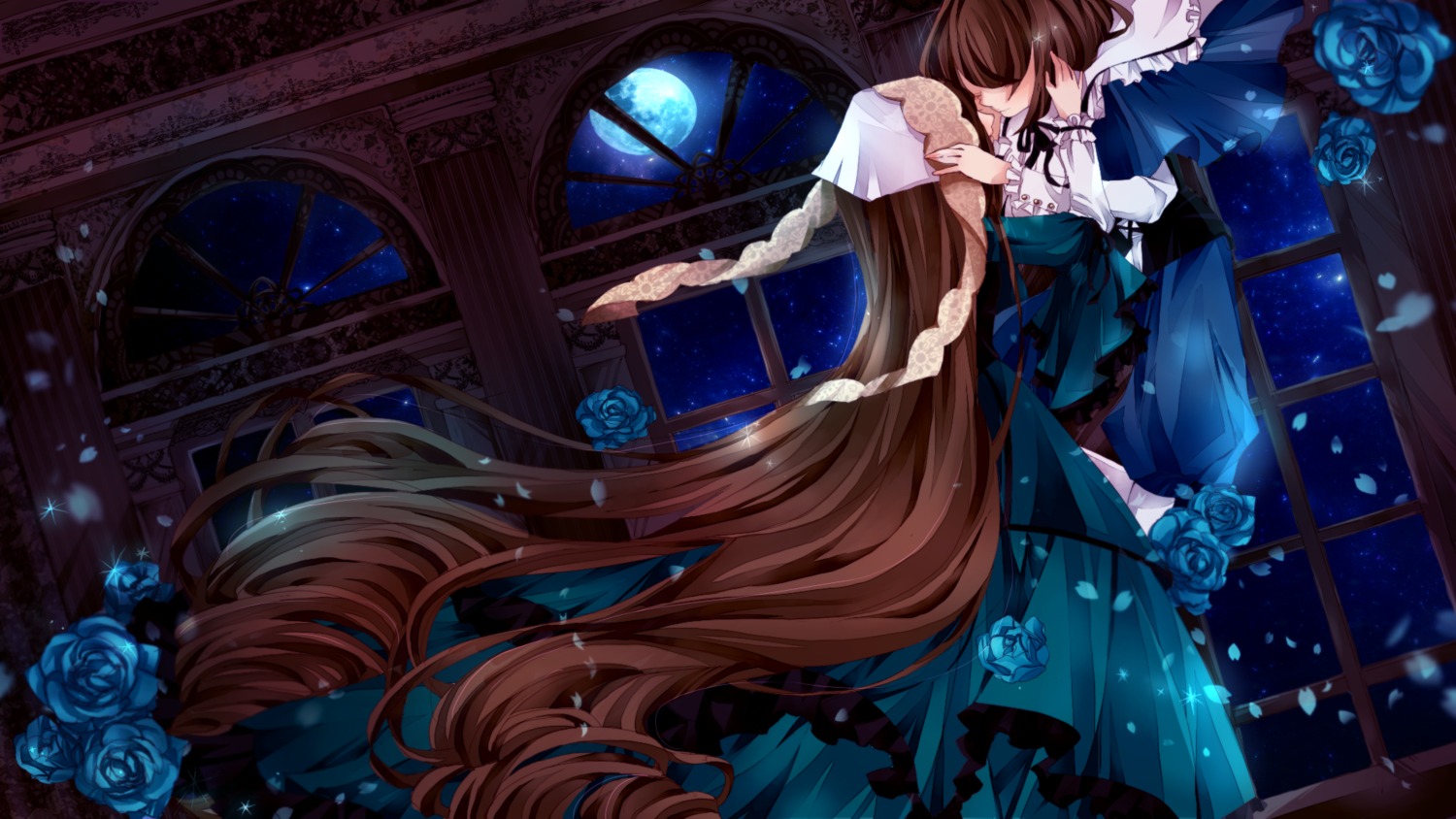 1boy 1girl blue_flower blue_rose brown_hair couple curtains dress flower garry_(ib) ib_(ib) image long_hair moon night pair petals red_flower red_rose rose sky souseiseki star_(sky) starry_sky suiseiseki veil very_long_hair window