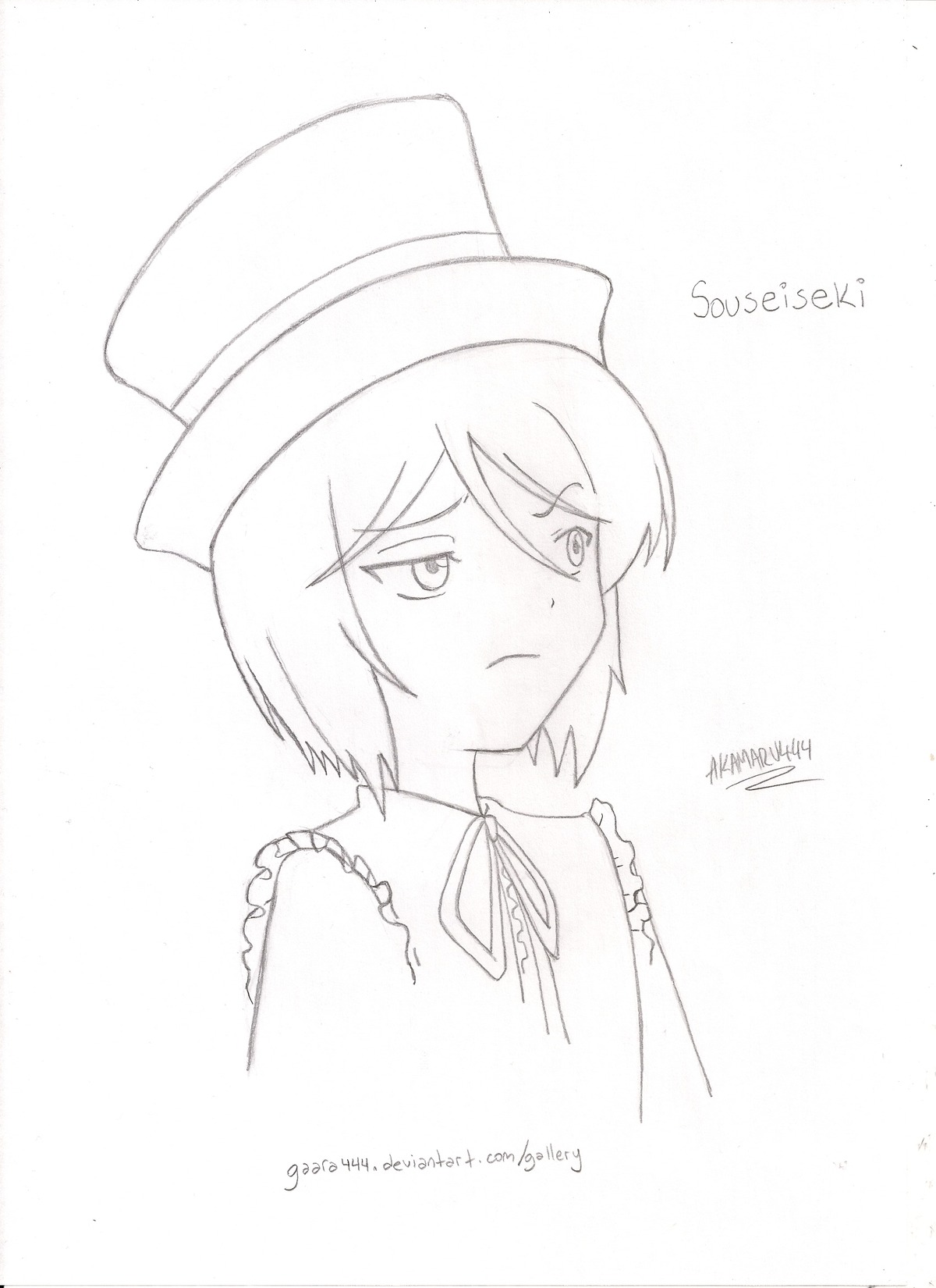 1girl artist_name frills hat image monochrome neck_ribbon ribbon short_hair solo souseiseki striped vertical_stripes