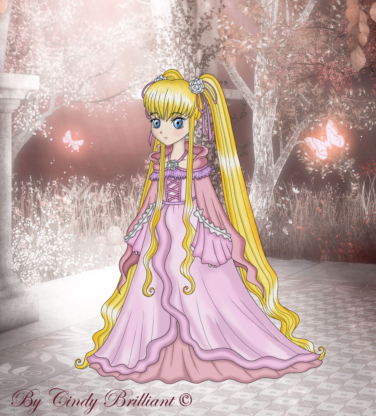 1girl blonde_hair blue_eyes bug butterfly dress flower hair_flower hair_ornament image insect long_hair pink_dress shinku solo tsukino_usagi twintails very_long_hair