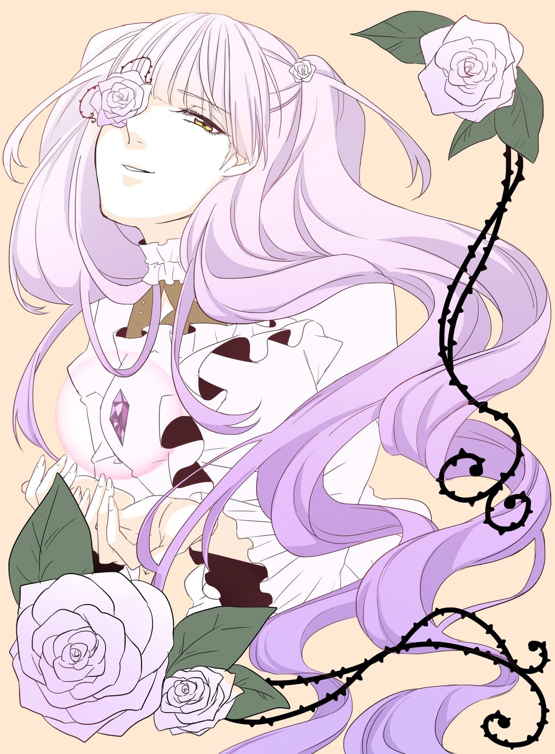 1girl black_flower black_rose blue_rose choker eyepatch flower hair_flower hair_ornament long_hair pink_flower pink_rose purple_flower purple_rose red_rose rose solo thorns vines white_flower white_rose yellow_eyes yellow_rose