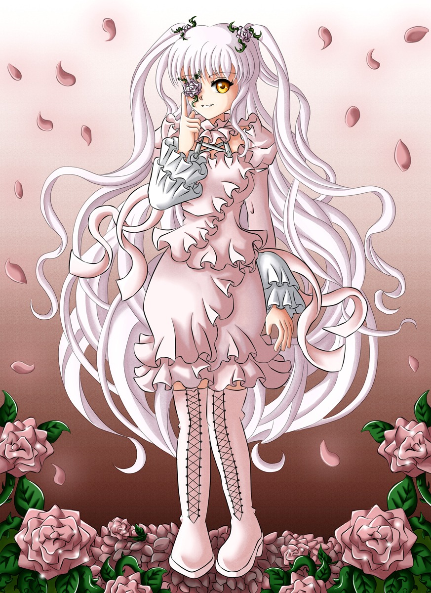 1girl boots bouquet dress eyepatch flower frills image kirakishou long_hair long_sleeves petals pink_flower pink_rose purple_rose red_flower red_rose rose rose_petals solo thorns very_long_hair vines white_hair white_rose yellow_eyes yellow_rose