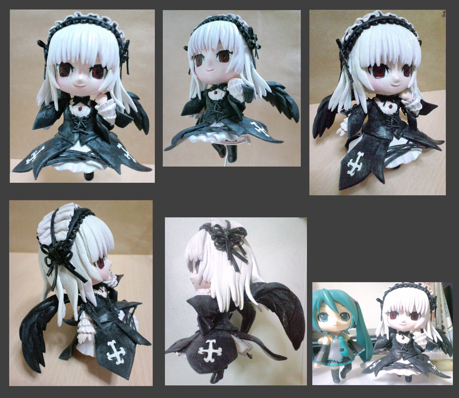 1girl 3d black_wings blush chibi doll dress frills hairband long_sleeves multiple_girls multiple_views photo red_eyes skull solo suigintou white_hair wings