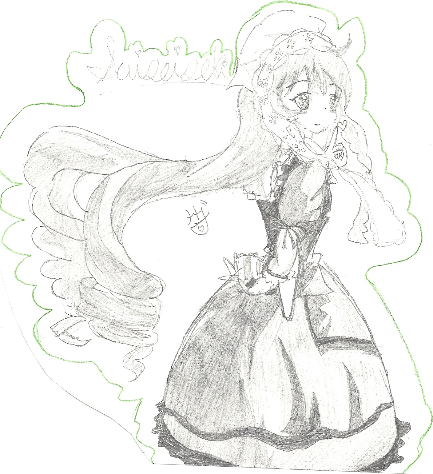 1girl dress drill_hair frills image long_hair long_sleeves looking_at_viewer monochrome smile solo suiseiseki veil